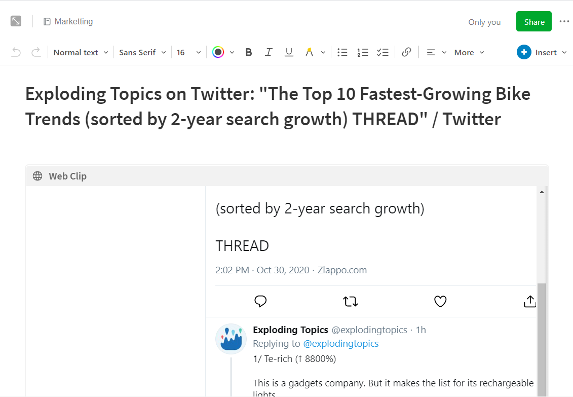 An example of a twitter thread saved using the desktop web clipper